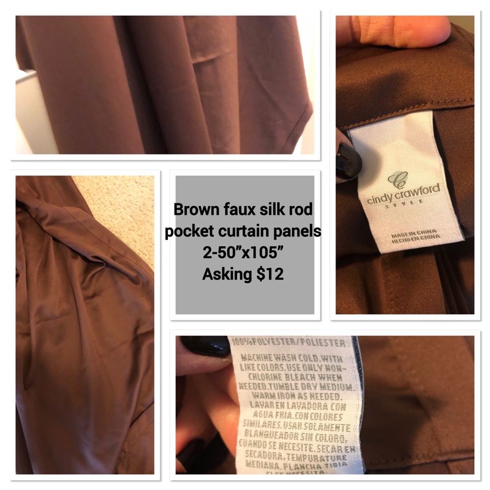 2 Brown faux silk curtain panels